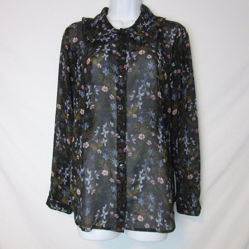 Cabi Blouse Black Sheer Hillside Floral Button Down Floret Shirt Womens Small